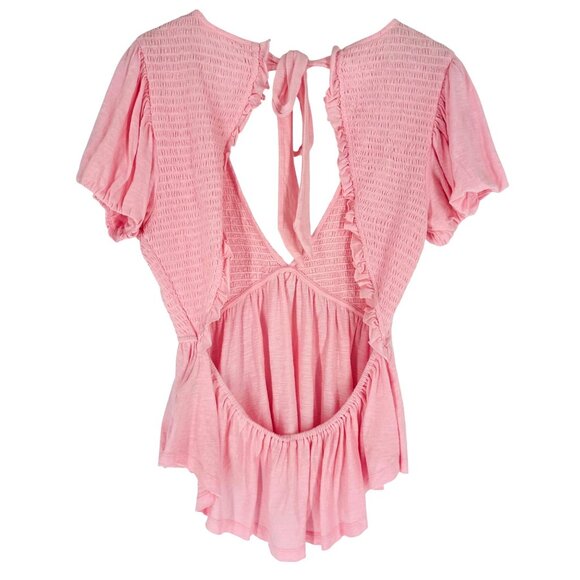 Free People Womens Pink Open Back Smocked Puff Sleeve Peplum Tie Blouse Top L/XL - Picture 6 of 9